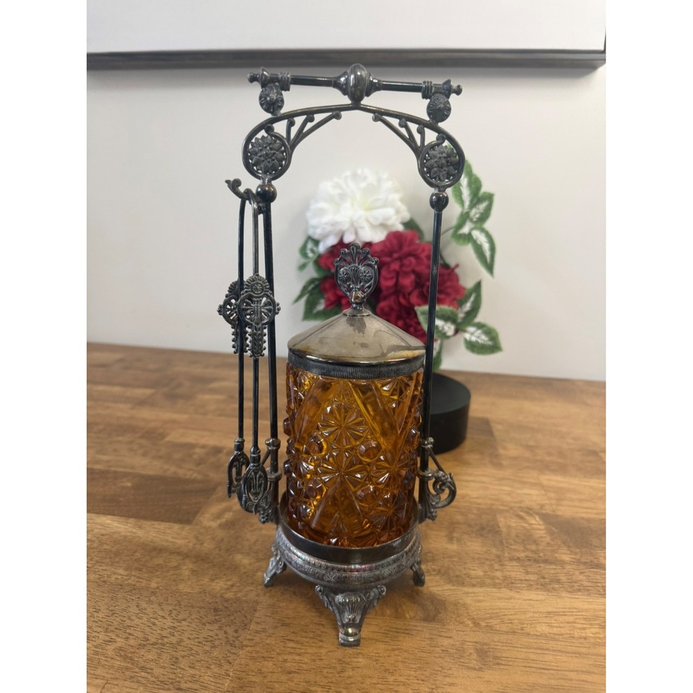 Antique Victorian Amber Glass Pickle Castor Ornate Silverplate Frame With Tongs